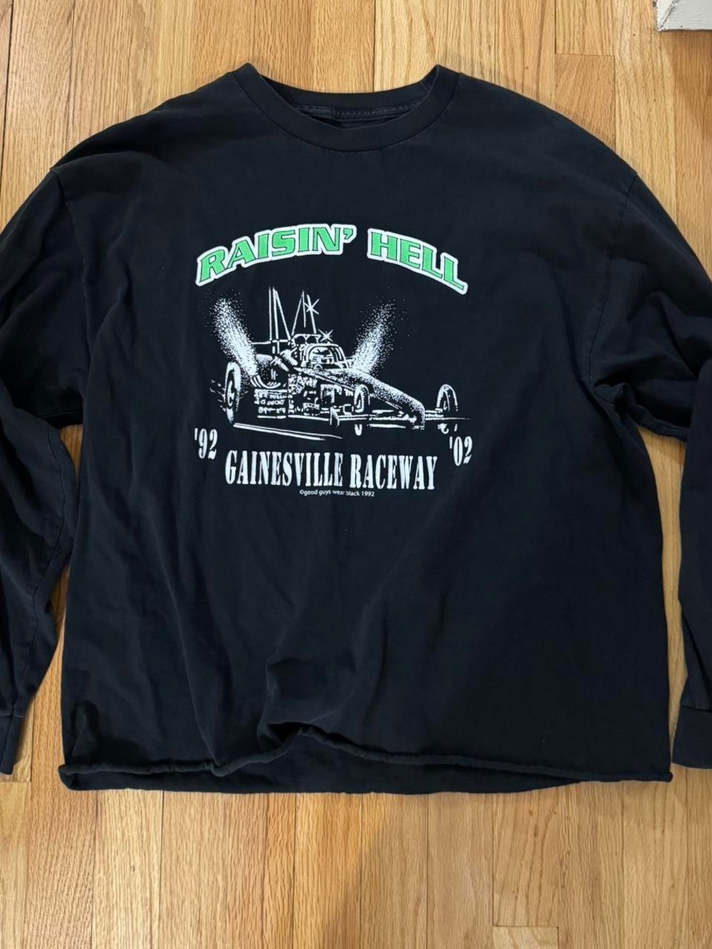 Brandy Melville Black Long-Sleeve Tee with White & Green Raceway Graphic
